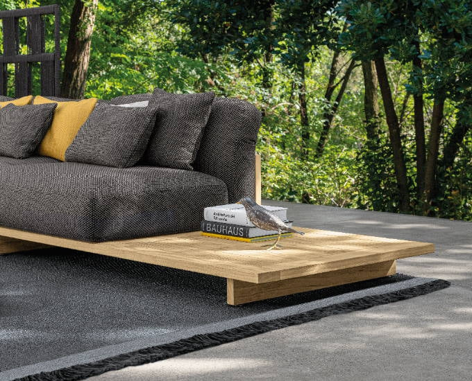 narożnik Argo Wood teak ciemne szare poduchy