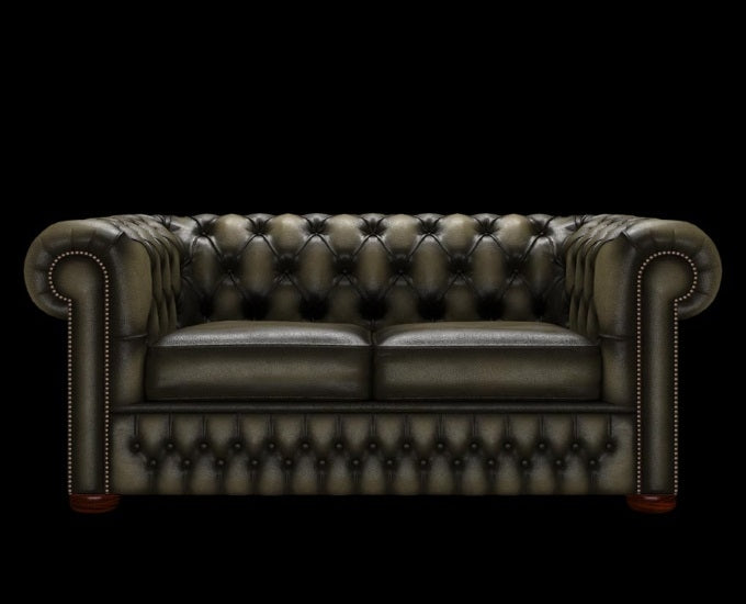 sofa Chesterfield 2 osobowa antyczny oliwkowy
